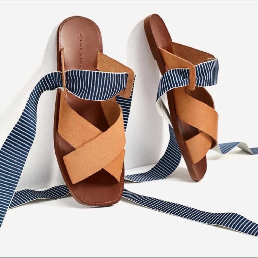 Zara Brown Leather Blue Ribbon Ankle Wrap Sandals